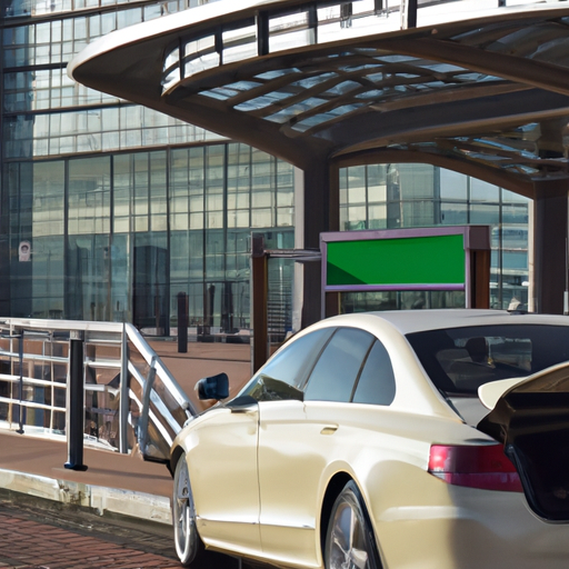 Vue urbaine de Massy montrant la gare TGV, un taxi élégant en attente devant le parvis, passagers avec bagages, ambiance matinale claire