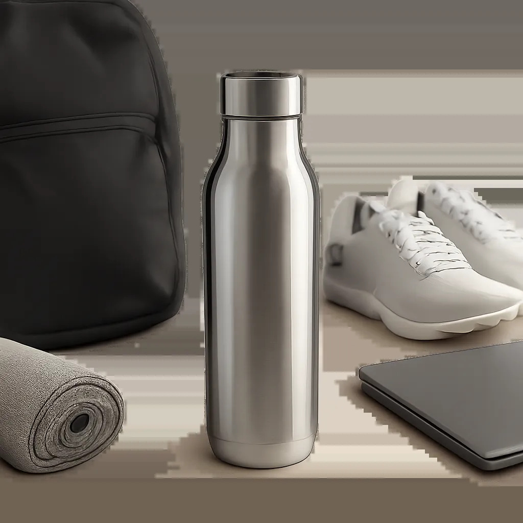Une bouteille en inox premium mise en scène dans un univers sobre et moderne. L’image évoque à la fois l’usage au bureau, en sport et en déplacement.